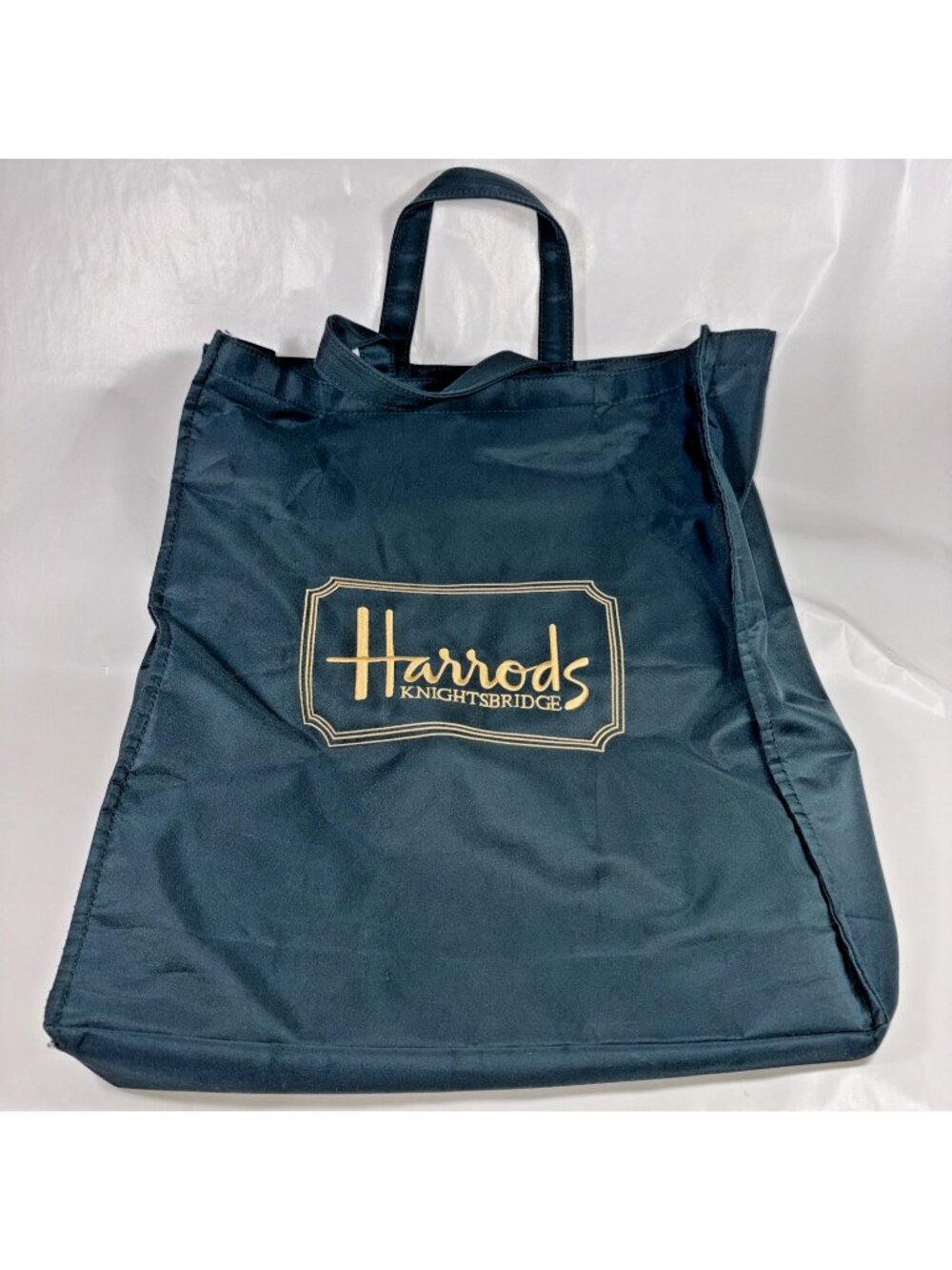 Harrods Knightsbridge Reusable Shopping Tote Bag Dark Green Zipper Pocket Large